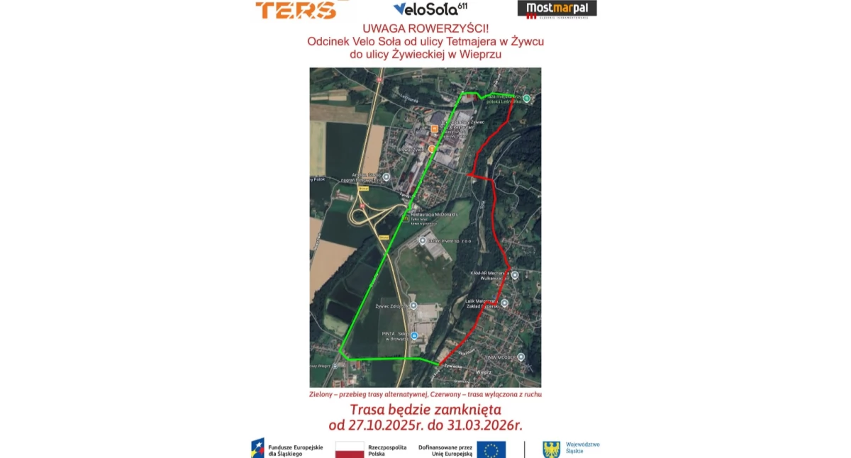 Zmiana organizacji ruchu na trasie Velo Soła – odcinek Żywiec–Wieprz czasowo zamknięty