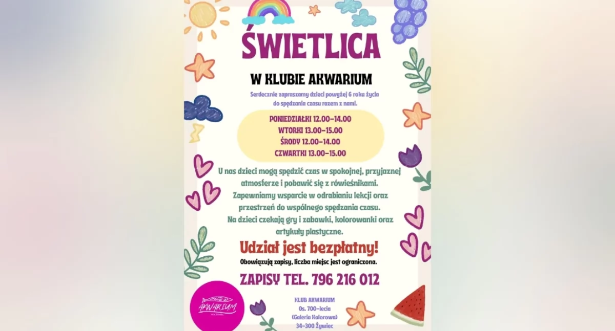 Nasze sprawy, Świetlica dzieci Żywcu Bezpłatne zajęcia pomoc nauce Klubie Akwarium - zdjęcie, fotografia