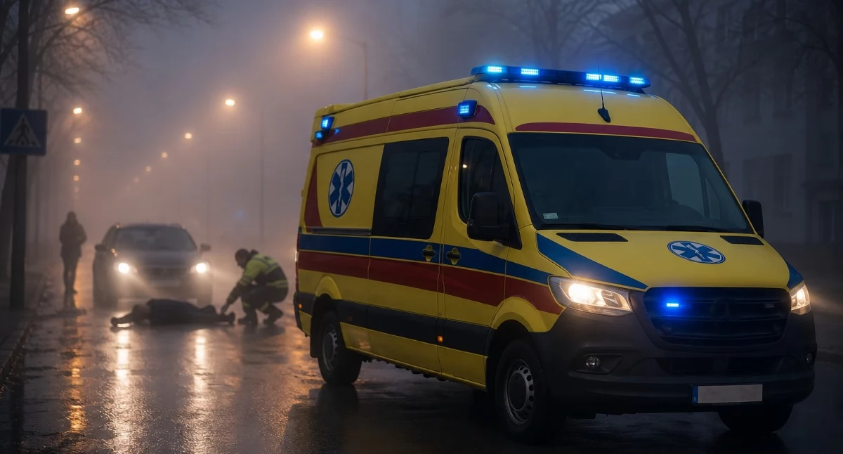 Wypadki drogowe , Groźny wypadek ulicy Starobielskiej Bielsku Białej udziałem pieszego - zdjęcie, fotografia